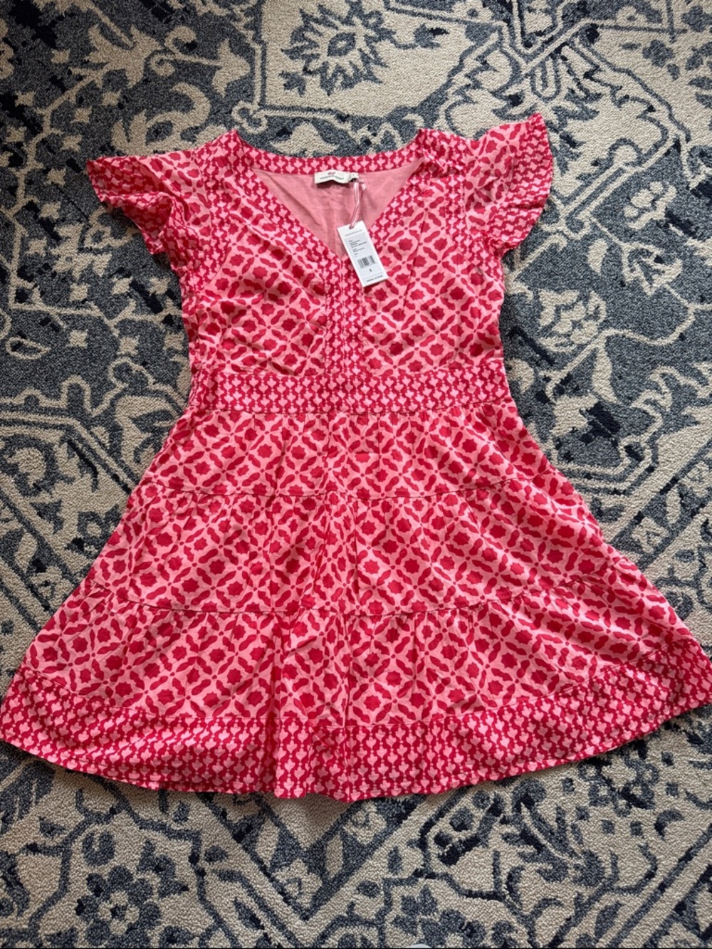 Vineyard Vines Pink Patterned Flutter-Sleeve Tiered Dress size small